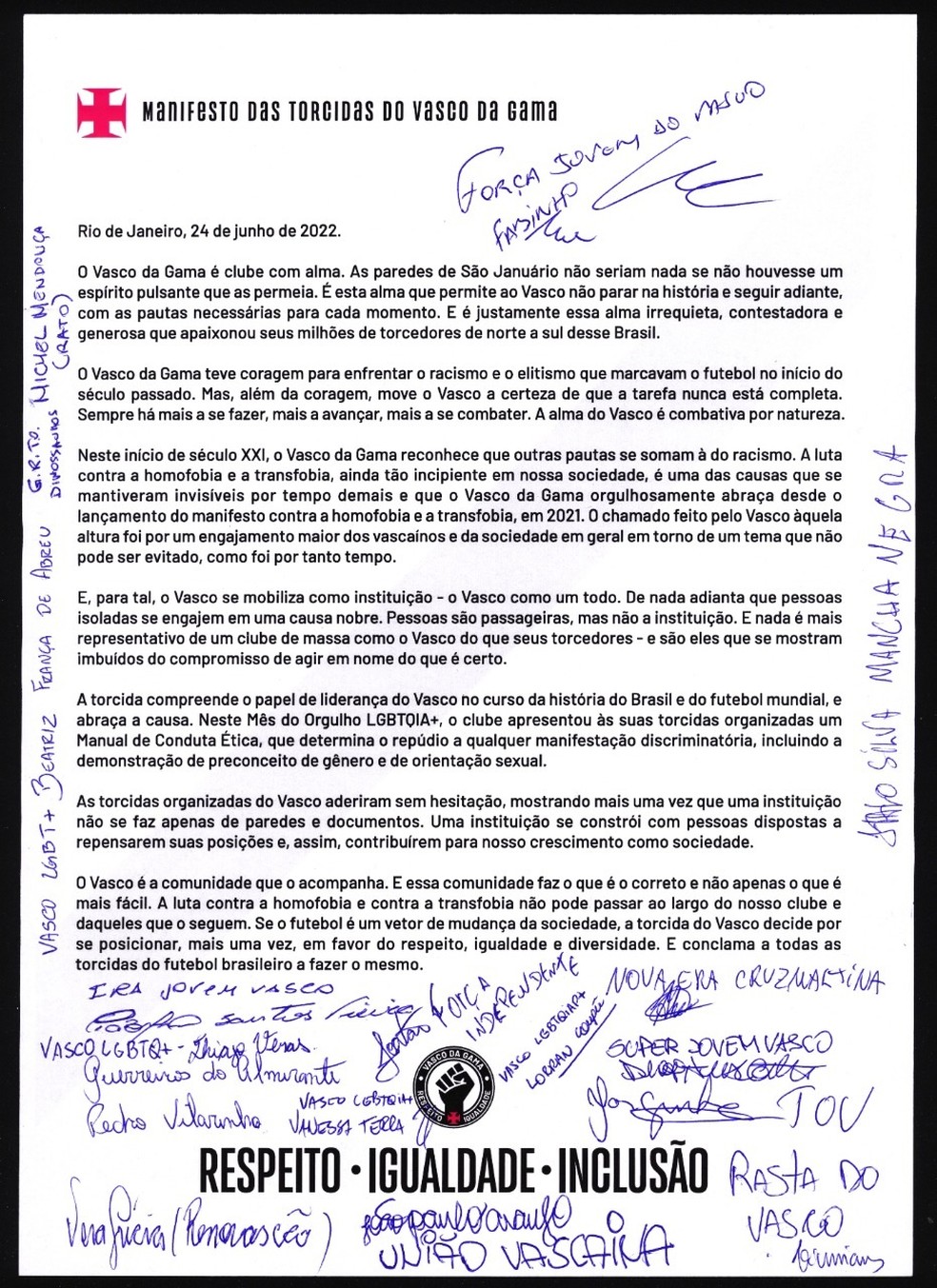 Esportes-Futebol-Vasco-A��o LGBTQIAP+ � Foto: Reprodu��o