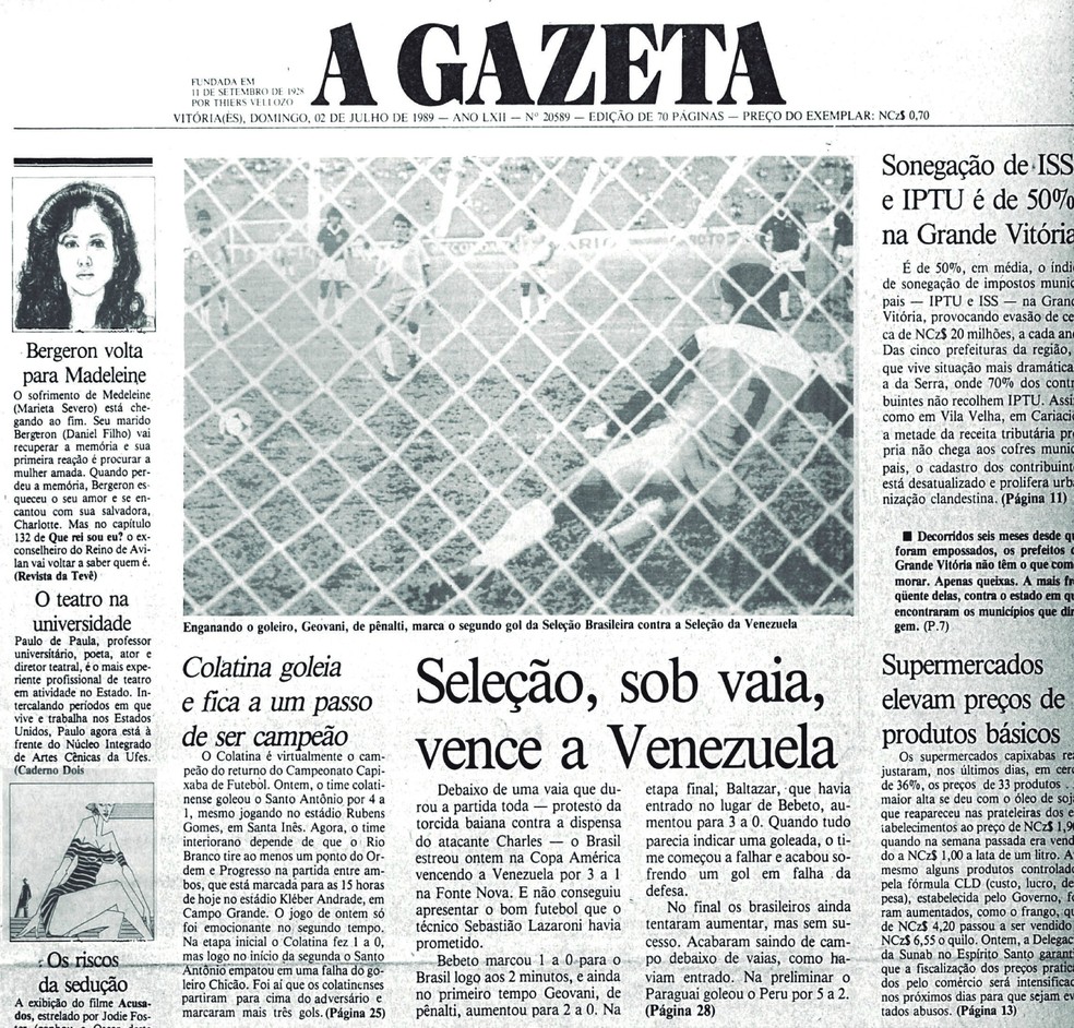 Gol de Geovani foi o destaque do Jornal A Gazeta do dia seguinte após a estreia — Foto: Reprodução/Cedoc/A Gazeta
