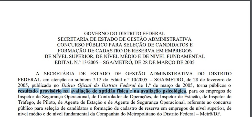 Paulo Roberto de Caldas Osório aparece em relatório de aprovados em avaliação psicológica do Metrô-DF  — Foto: Reprodução/Cespe