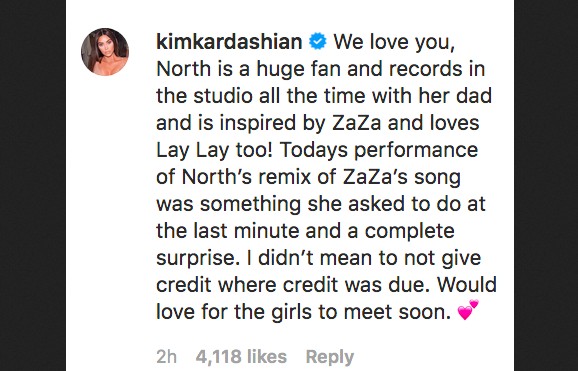 A resposta de Kim Kardashian à reclamação feita pelos pais da cantora ZaZa (Foto: Instagram)