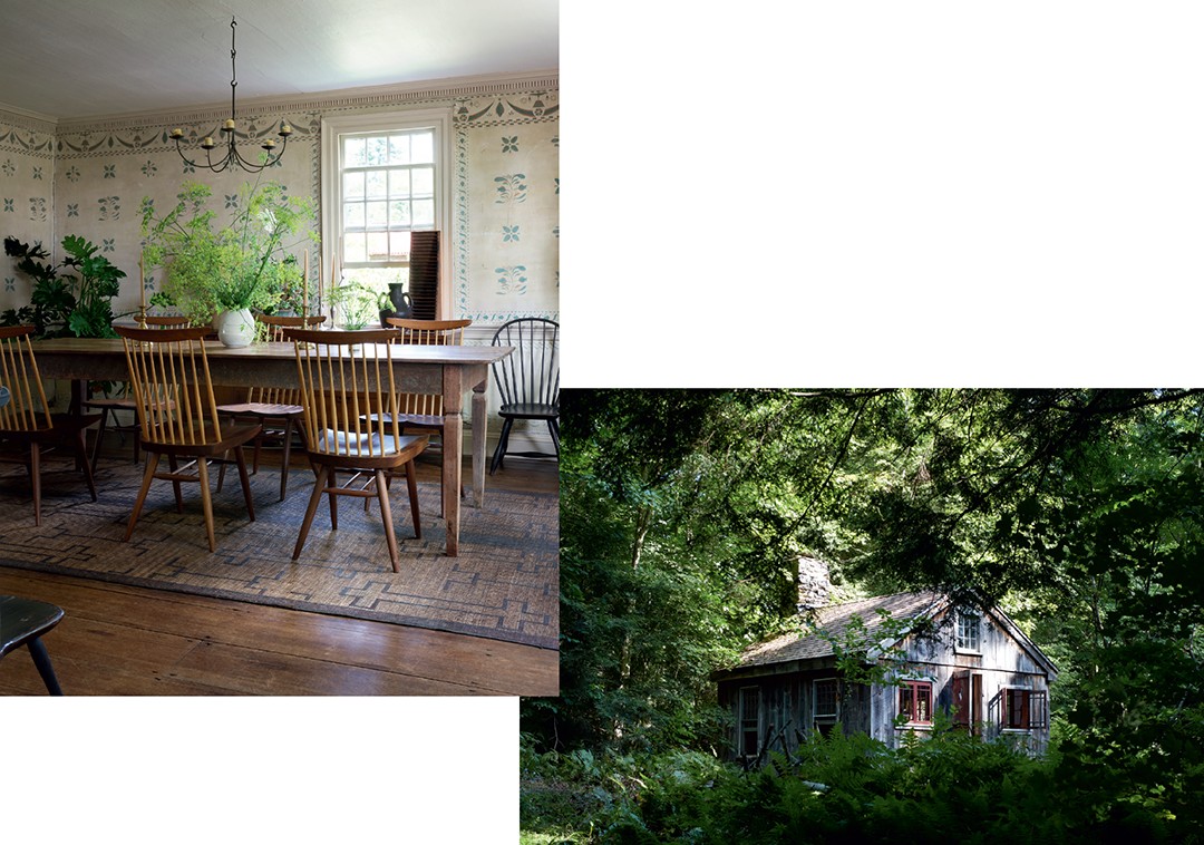 A sala de jantar com desenhos originais à mão na parede; A cabana na floresta serve como espaço de trabalho secundário (Foto: Simon Upton)