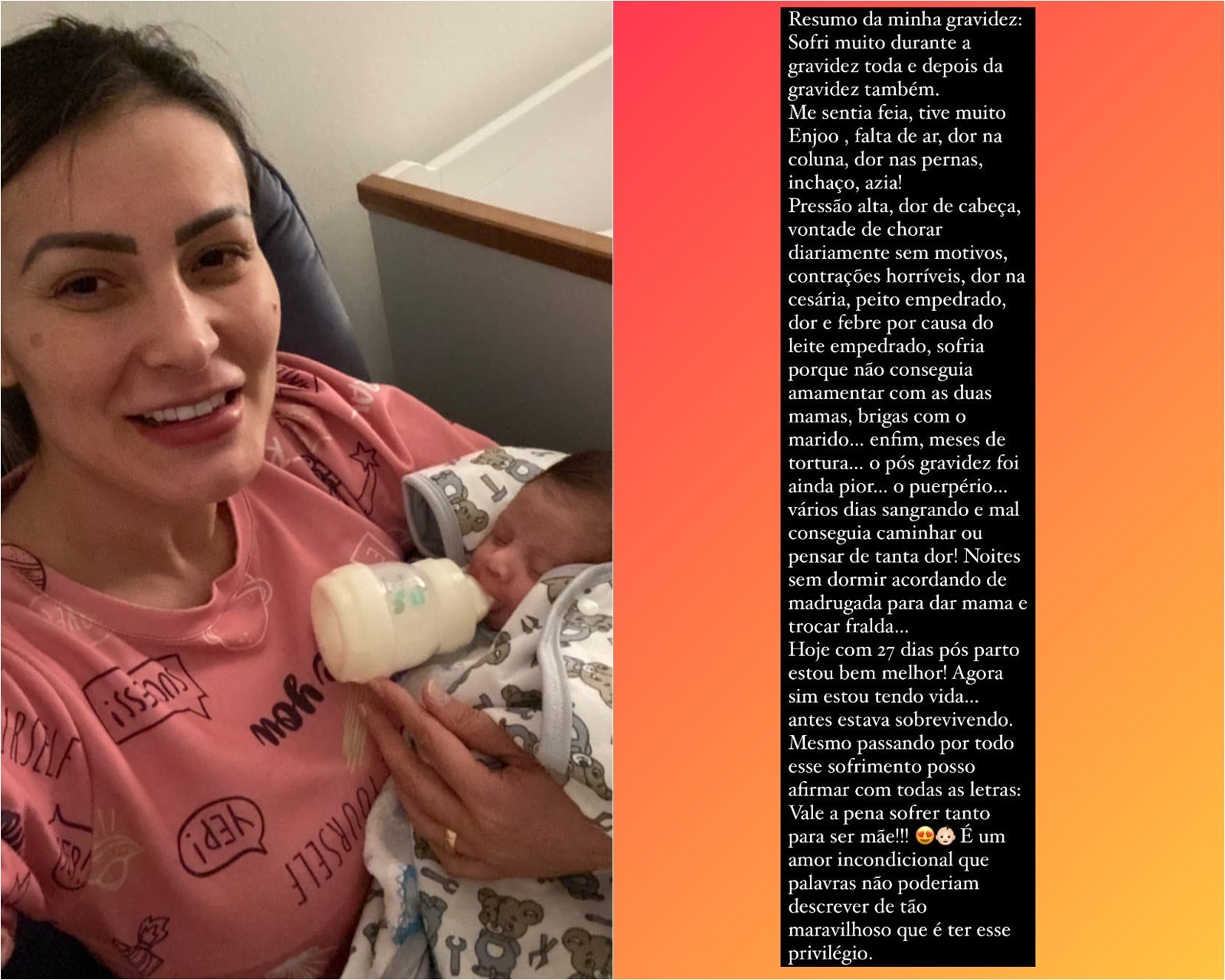 Andressa Urach dividiu com seus seguidores todas as dificuldades da gestação e pós-parto (Foto: Reprodução/Instagram)