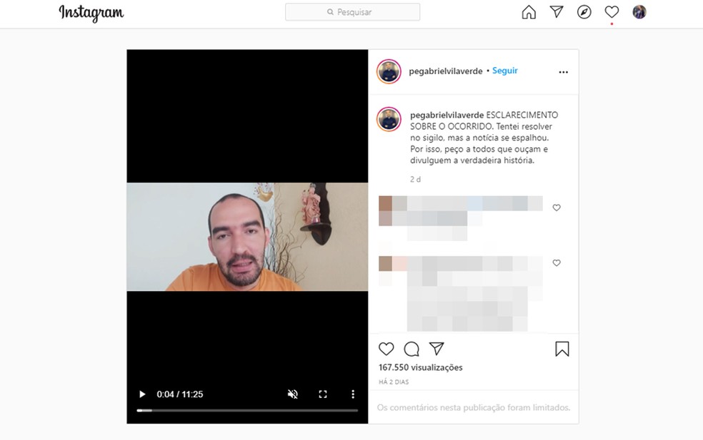 Padre postou vídeo na internet, relatando caso — Foto: Reprodução/Instagram