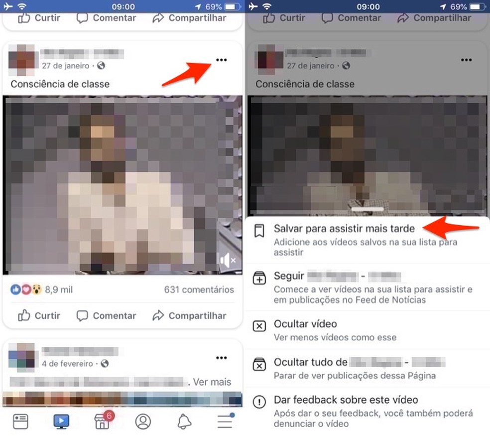 Ação para salvar um vídeo para ver depois no Facebook Watch para iPhone — Foto: Reprodução/Marvin Costa