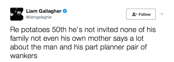A reclamação de Liam Gallagher no Twitter contra o irmão (Foto: Twitter)