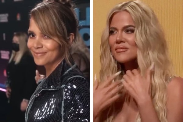 Khloé Kardashian (à direita) foi acusada de fazer expressão blasé quando Halle Berry subiu ao palco do People's Choice Awards 2021 (Foto: reprodução )