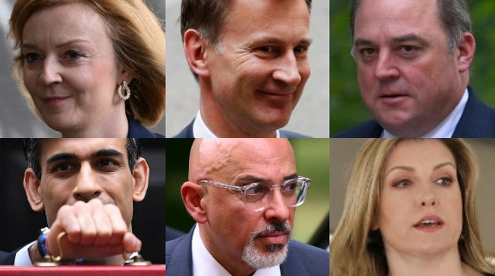 Liz Truss, Jeremy Hunt, Ben Wallace, Rishi Sunak, Nadhim Zahawi e Penny Mordaunt são cotados para suceder a Boris Johnson — Foto: AFP