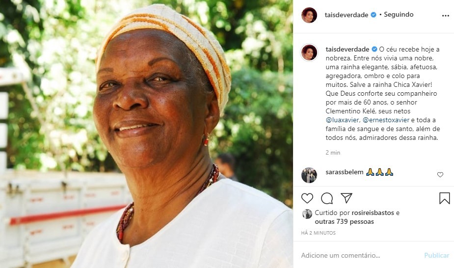Taís Araújo lamentou a morte de Chica Xavier (Foto: Reprodução/Instagram)