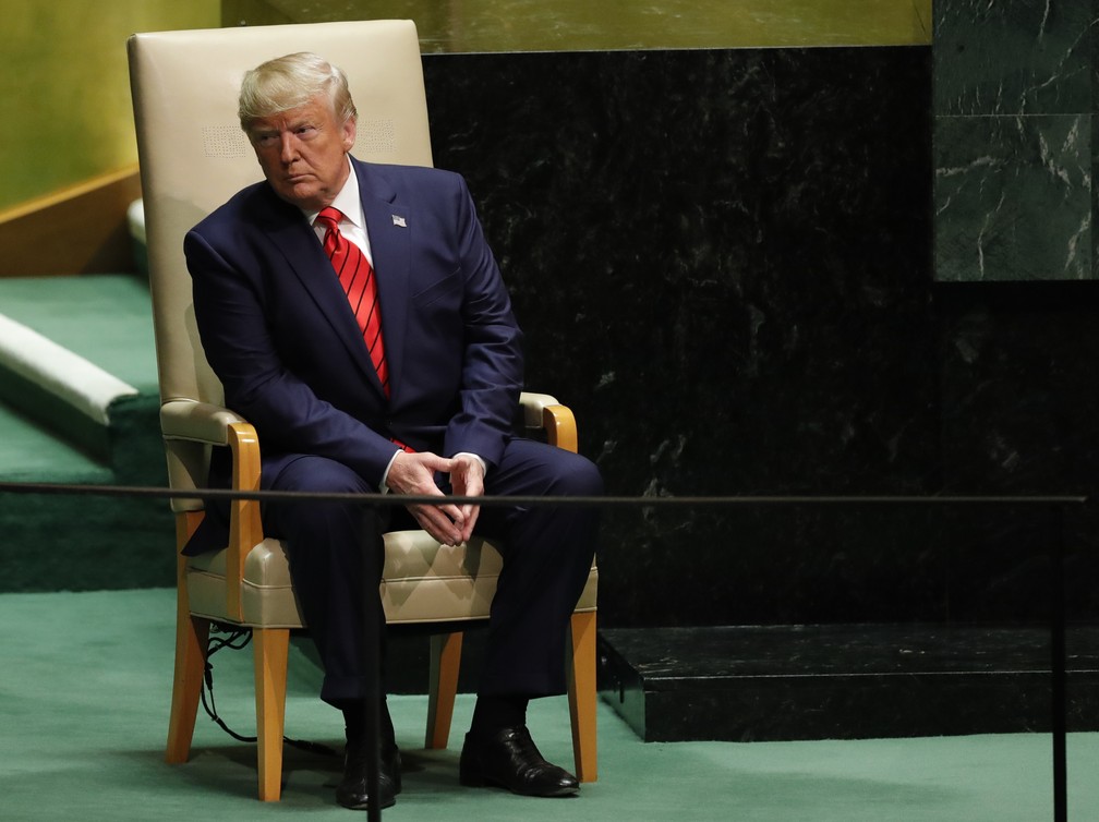 O presidente americano, Donald Trump, logo antes de discursar na Assembleia Geral da ONU, em Nova York, nesta terça-feira (24). — Foto: Reuters