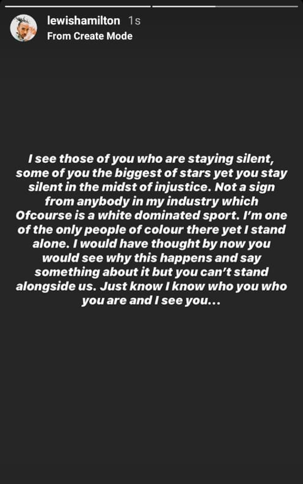 Postagem de Hamilton no Instagram sobre silêncio dos colegas — Foto: Reprodução