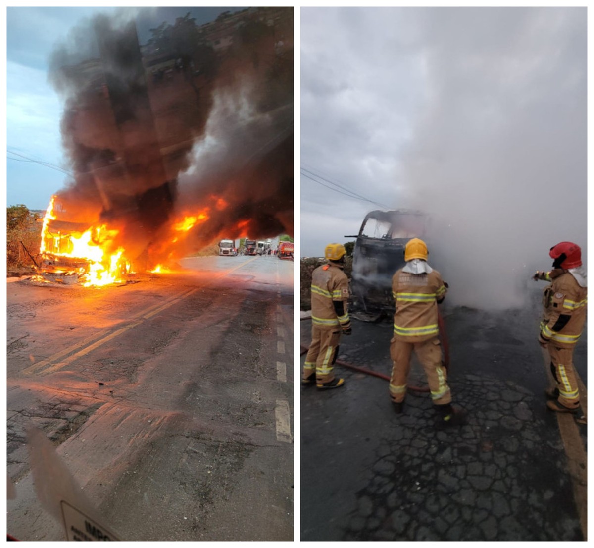 Ônibus que seguia de Fortaleza para São Paulo pega fogo e fica destruído no Norte de Minas