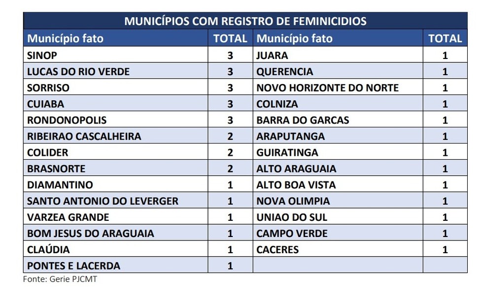 No caso dos feminicídios, Cuiabá, Sinop, Lucas do Rio Verde e Rondonópolis registraram três crimes cada. — Foto: SESP