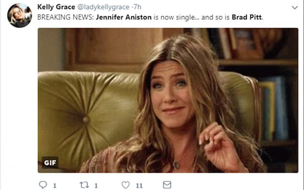 Um fã cogitando a retomada do relacionamento da atriz Jennifer Aniston com o ator Brad Pitt após o anúncio do término do casamento da ex-protagonista de Friends com o ator Justin Theroux (Foto: Twitter)