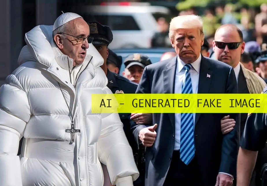 Imagens criadas pela ferramenta MidJourney do ex-presidente dos EUA Donald Trump sendo preso e do papa Francisco vestindo uma jaqueta estilosa se tornaram virais nas redes sociais