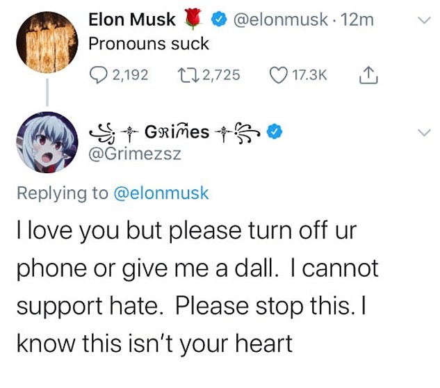 A bronca pública dada pela cantora Grimes no namorado, o empresário bilionário Elon Musk (Foto: Twitter)