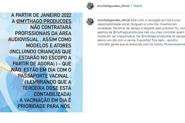 Comunicado de Mocita Fagundes em seu Instagram (Foto: Reprodução)