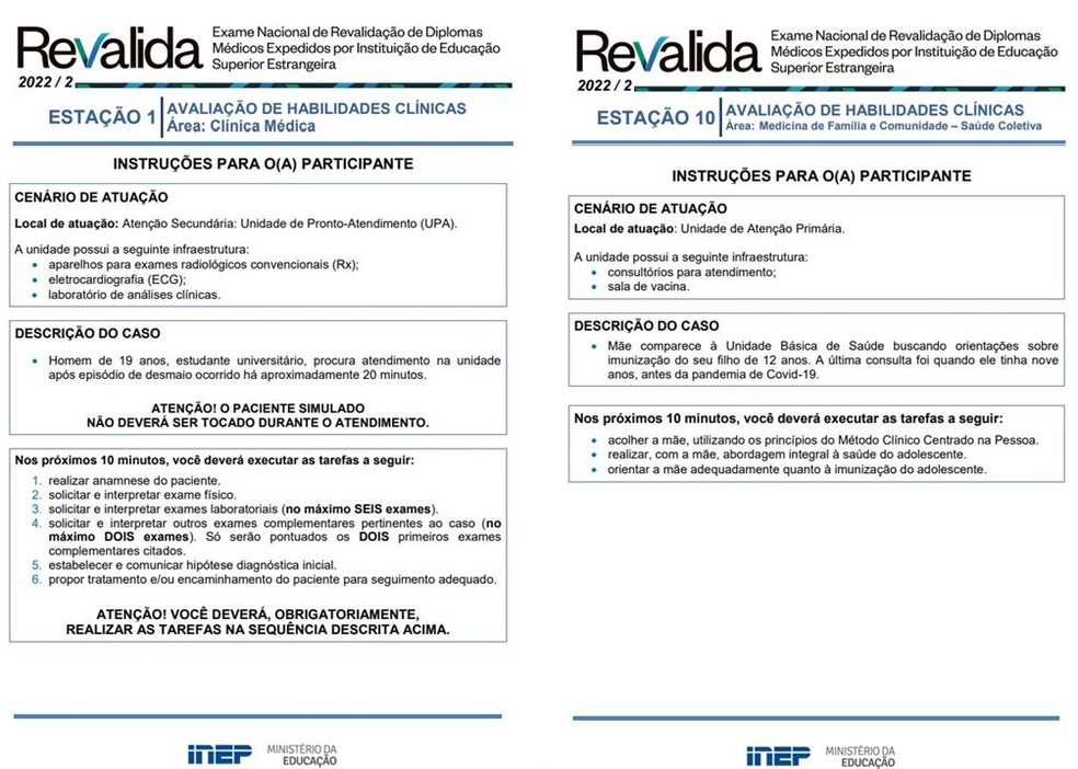 Revalida: na prova prática, médicos precisam seguir uma lista de tarefas em cada estação; veja dois exemplos — Foto: Inep/Reprodução