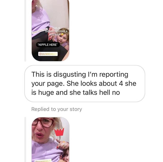 uma das mensagens que Amy recebeu por DM no Instagram após postar nos stories a sua filha pedindo para ser amamentada. (Foto: Reprodução/Instagram)