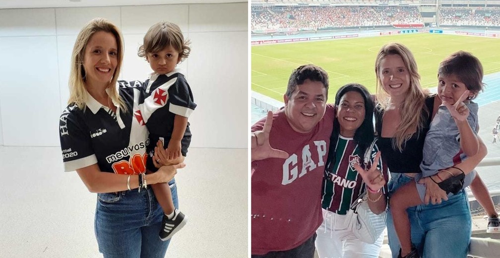 Rocio e Lorenzo, esposa e filho de Cano, em jogos de Vasco e Flu — Foto: Carlos Gregório Jr / Reprodução