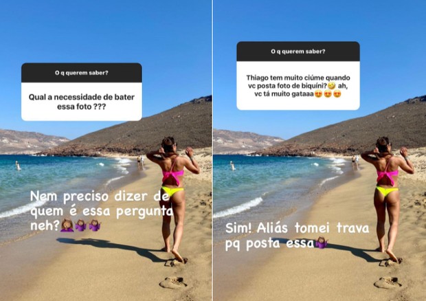 Belle Silva admite que Thiago Silva sente ciúmes ao vê-la compartilhando fotos de biquíni nas redes (Foto: Reprodução)