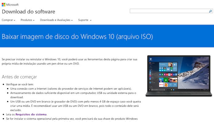 Acesse a página de downloads do Windows 10 (Foto: Reprodução/Helito Bijora) 
