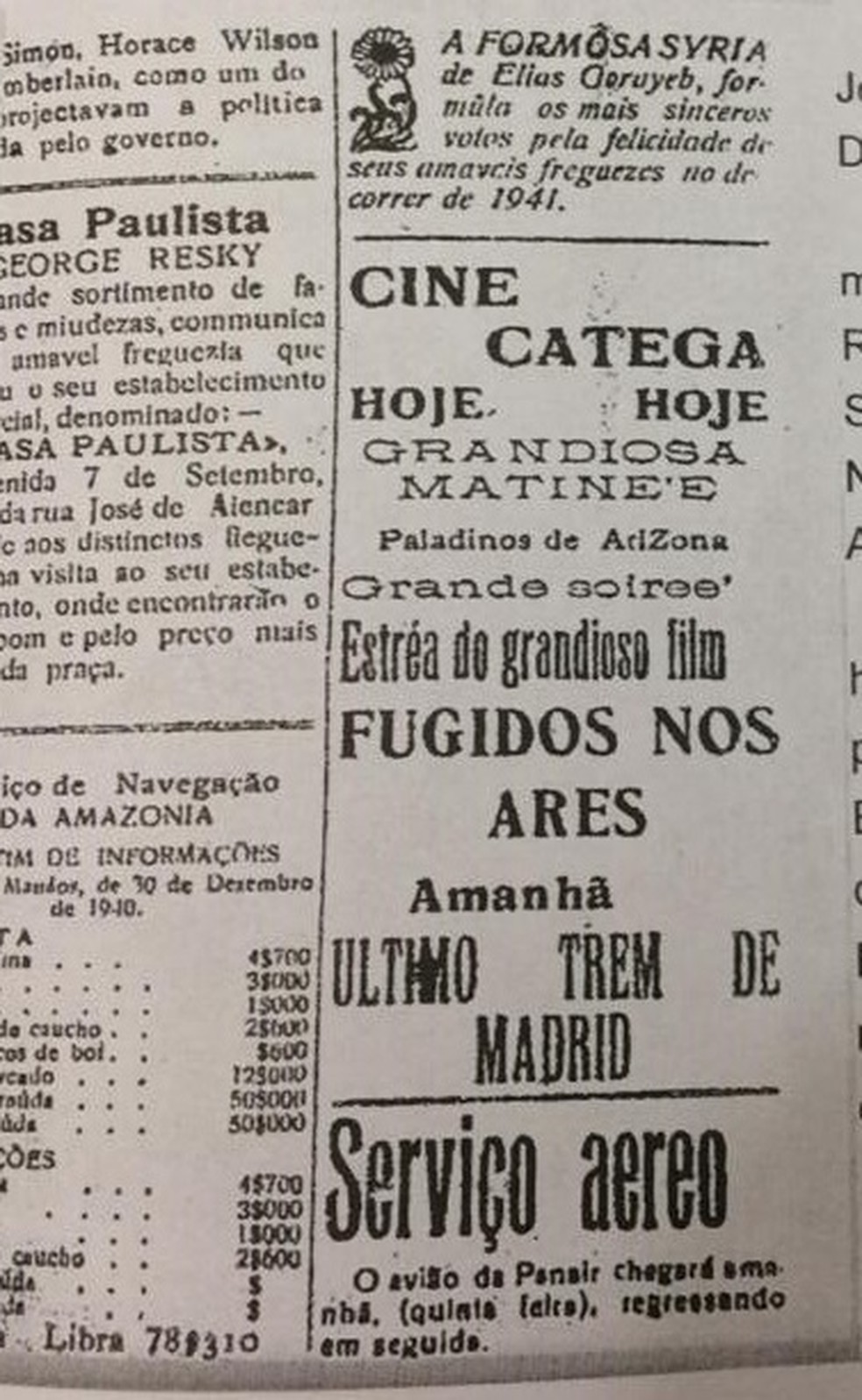 Anúncio do Cine Catega no jornal Alto Madeira em 1940 — Foto: Yêdda Borzacov/ Arquivo Pessoal