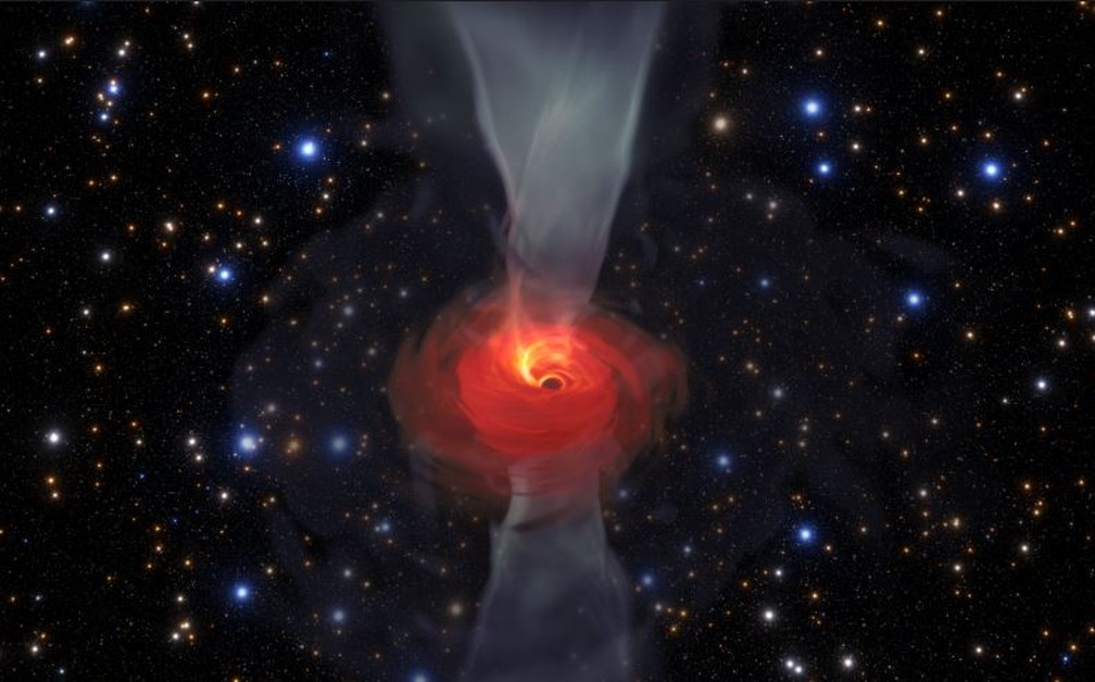 Simulação de como funciona um buraco negro visto à distância no espaço.  — Foto: Divulgação - ALMA Observatory