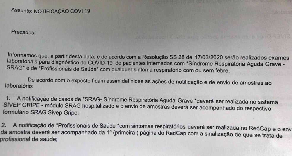 Email enviado às unidades de saúde paulistas pede que sejam notificados apenas os casos graves do novo coronavírus — Foto: Reprodução