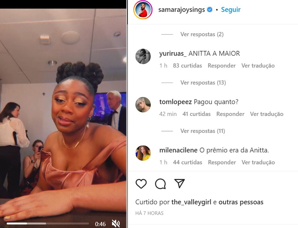 Fãs de Anitta entram no post de comemoração de Samara Joy para fazer comentários negativos — Foto: Reprodução
