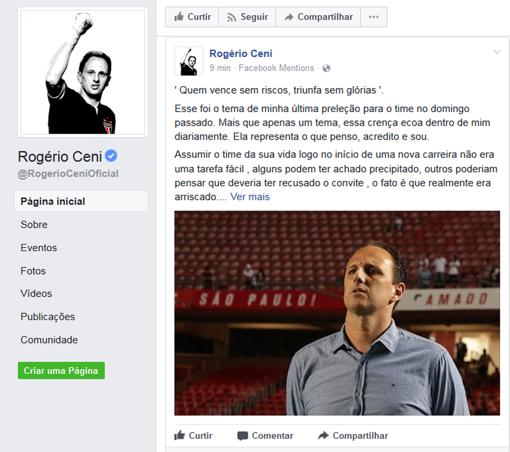 Rogério Ceni desabafa em rede social: 