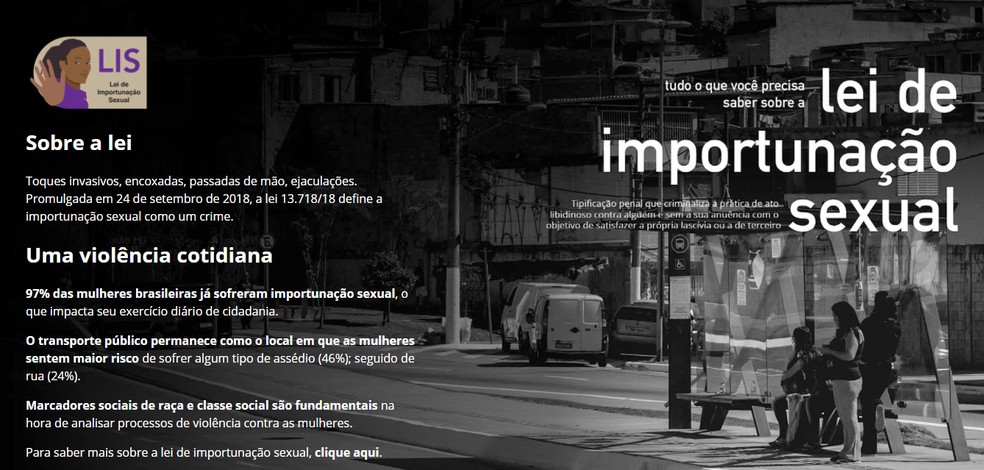 Site criado pelo TRF-3 e pela ONG Think Olga para informar sobre a Lei de Importunação Sexual — Foto: Reprodução