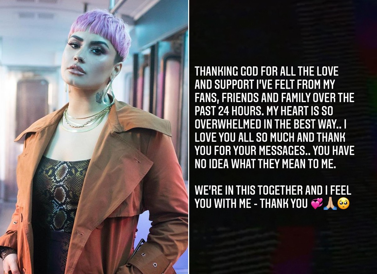 Após revelações sobre drogas e overdose, Demi Lovato agradece: 