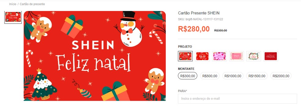 Cartão de presente da Shein tem preços de R$ 300 a R$ 2.000 — Foto: Reprodução/Shein