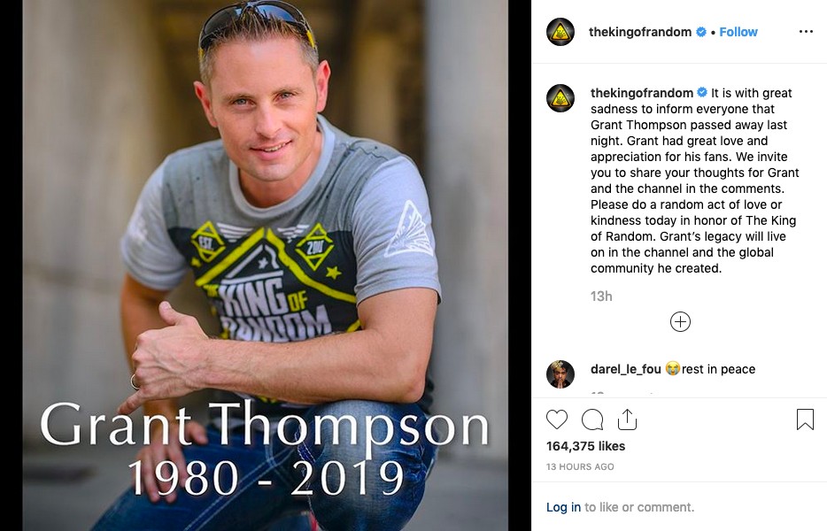 O post anunciando a morte do youtuber canadense Grant Thompson (Foto: Instagram)