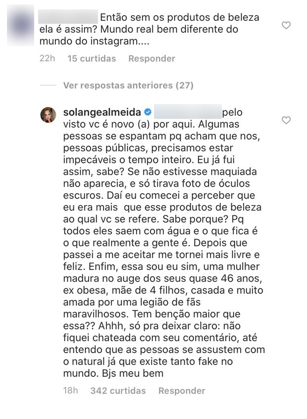 Solange Almeida responde fã sobre ausência de maquiagem em vídeo (Foto: Reprodução / Instagram)