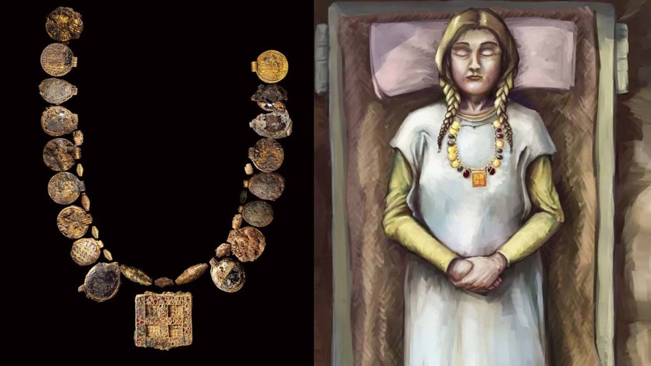 Colar datado de 630 a 670 d.C.faz parte de enterro feminino da elite