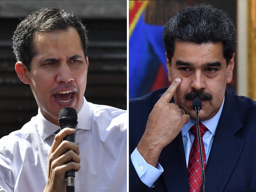CombinaÃ§Ã£o de fotos mostra Juan GuaidÃ³ e NicolÃ¡s Maduro â€” Foto: Yuri Cortez/ AFP