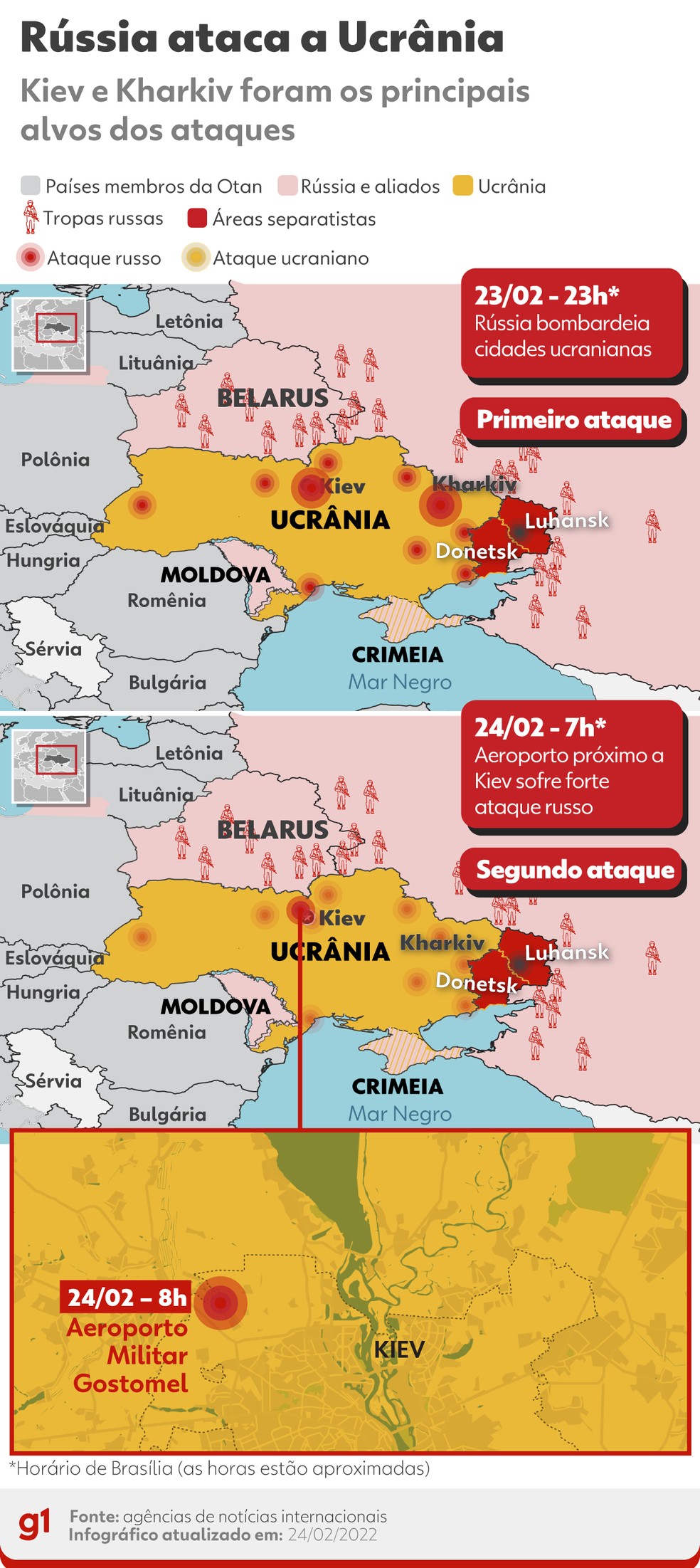 Mapa mostra locais da Ucrânia que foram bombardeados em ataques da Rússia — Foto: Arte g1