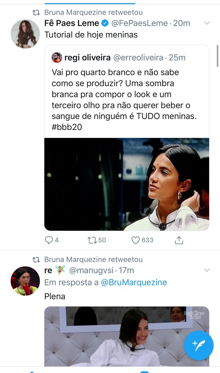 Bruna Marquezine reage a Manu confinada no quarto branco do BBB 20 (Foto: Reprodução/Instagram)
