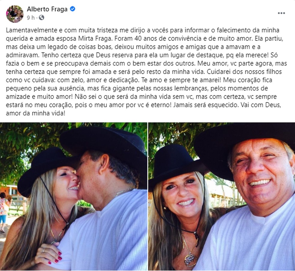 Nas redes sociais, Alberto Fraga (DEM-DF) lamentou falecimento da esposa, Mirta Fraga — Foto: Facebook/Reprodução