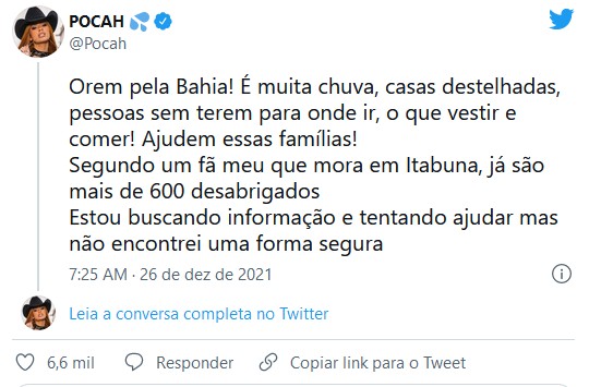 Pocah pede doações para a Bahia (Foto: Reprodução/Instagram)