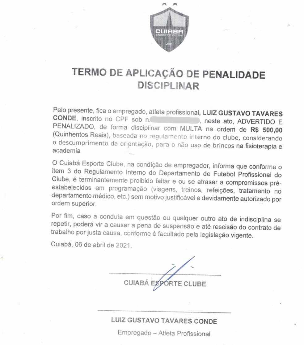 Multa do Cuiabá ao jogador Luiz Gustavo por não retirar brincos durante sessão de fisioterapia — Foto: Reprodução
