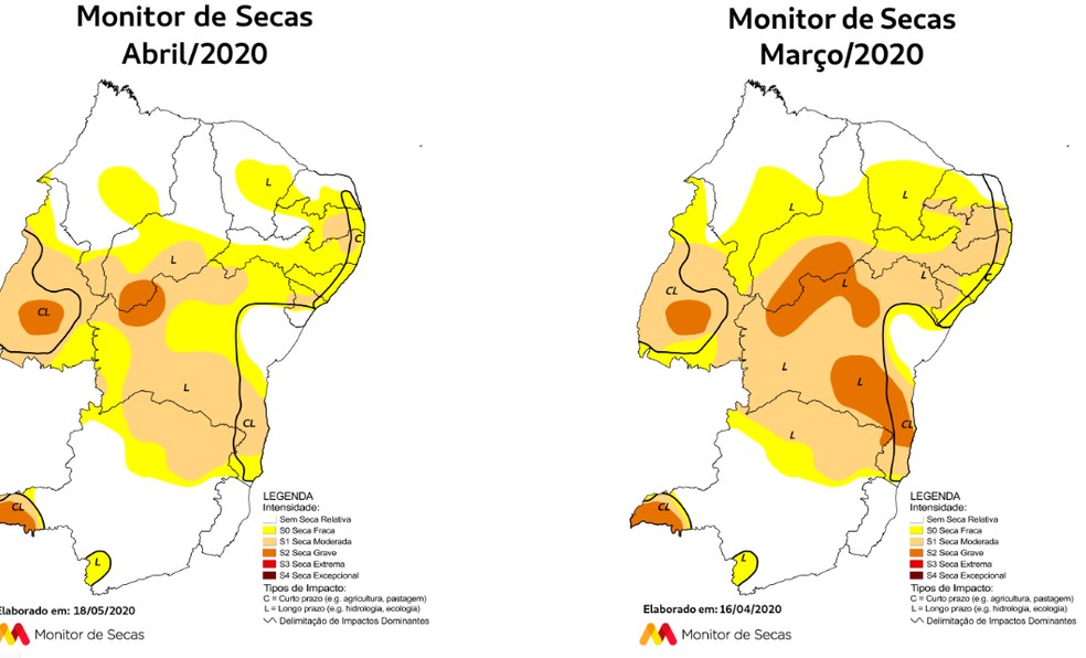 Comparativo do mapa Monitor de Secas nos meses de abril e março.  — Foto: Monitor de Secas