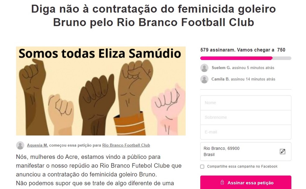 Movimento feminista do AC faz petição eletrônica contra contratação do goleiro Bruno pelo Rio Branco — Foto: Reprodução