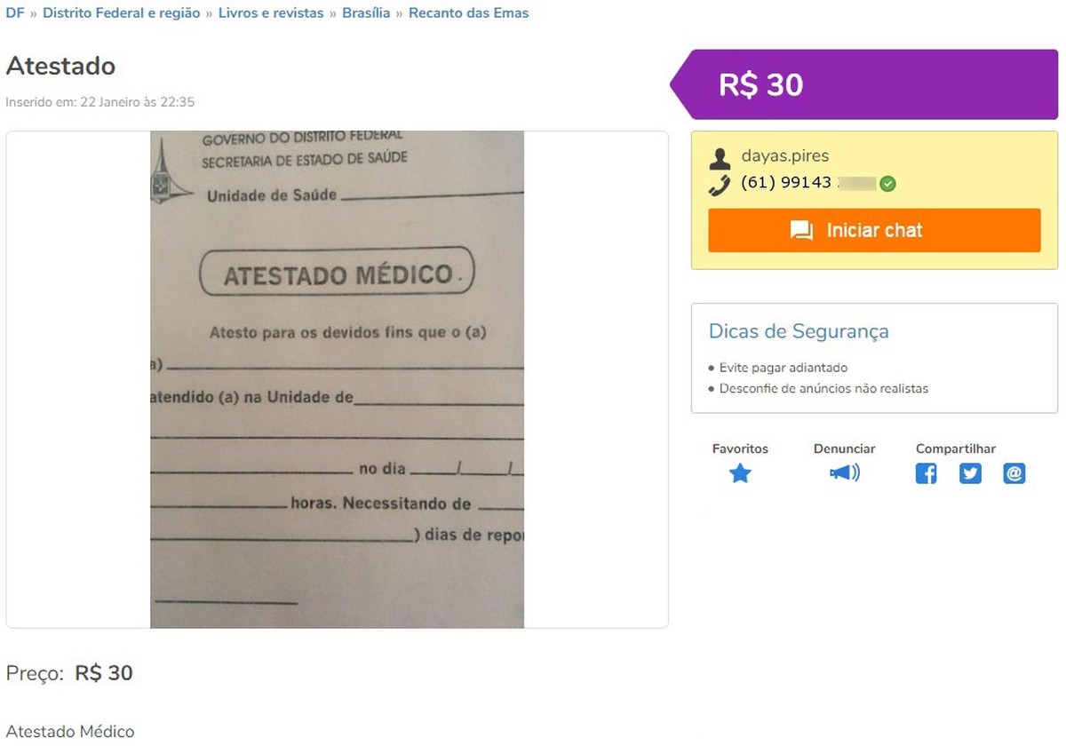 Venda de atestado médico pela web é investigada pela polícia do DF