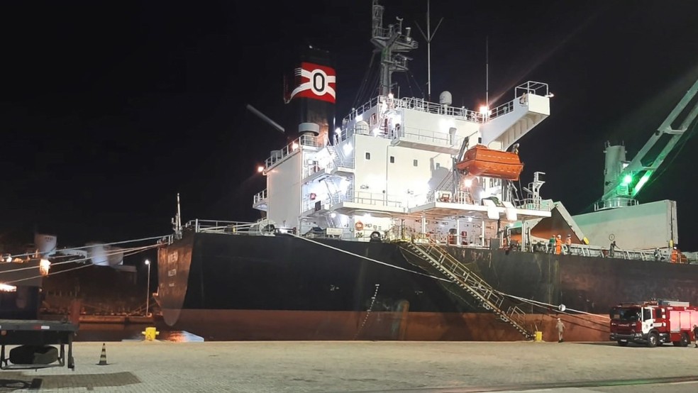 Após a morte do funcionário, o navio voltou para o Porto de Vitória para a retirada do corpo da vítima — Foto: Reprodução/TV Gazeta