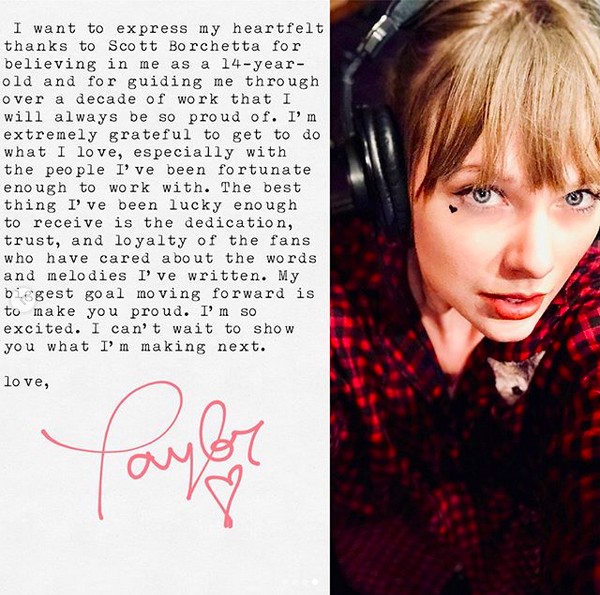 Um trecho do post no qual Taylor Swift anuncia sua ida para uma nova gravadora (Foto: Instagram)
