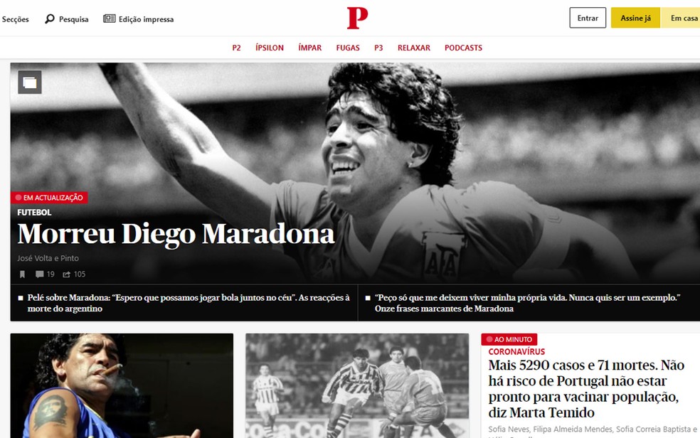 Edição online do jornal Publico, de Portugal, noticia morte de Maradona — Foto: Reprodução/BBC