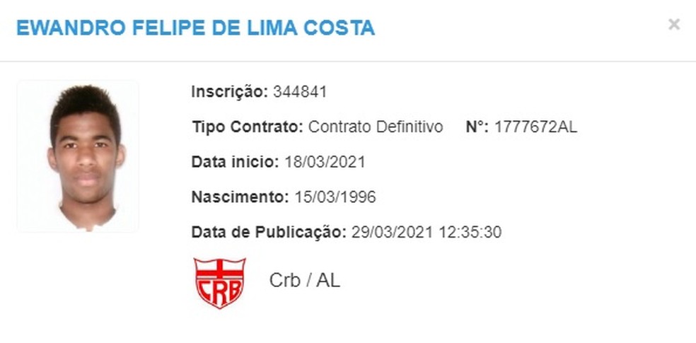Ewandro está regularizado e pode estrear pelo CRB — Foto: Reprodução/CBF