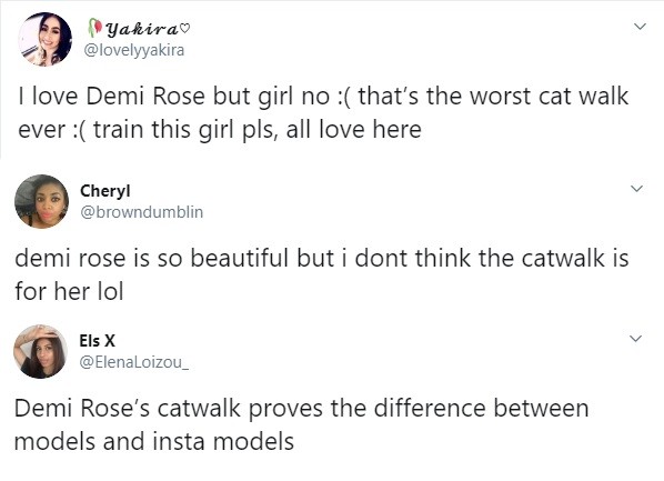 Pessoas criticando o desempenho da modelo Demi Rose nas passarelas (Foto: Twitter)